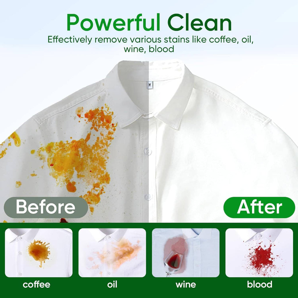 White shirt before-and-after stain removal, coffee, oil, wine, and blood