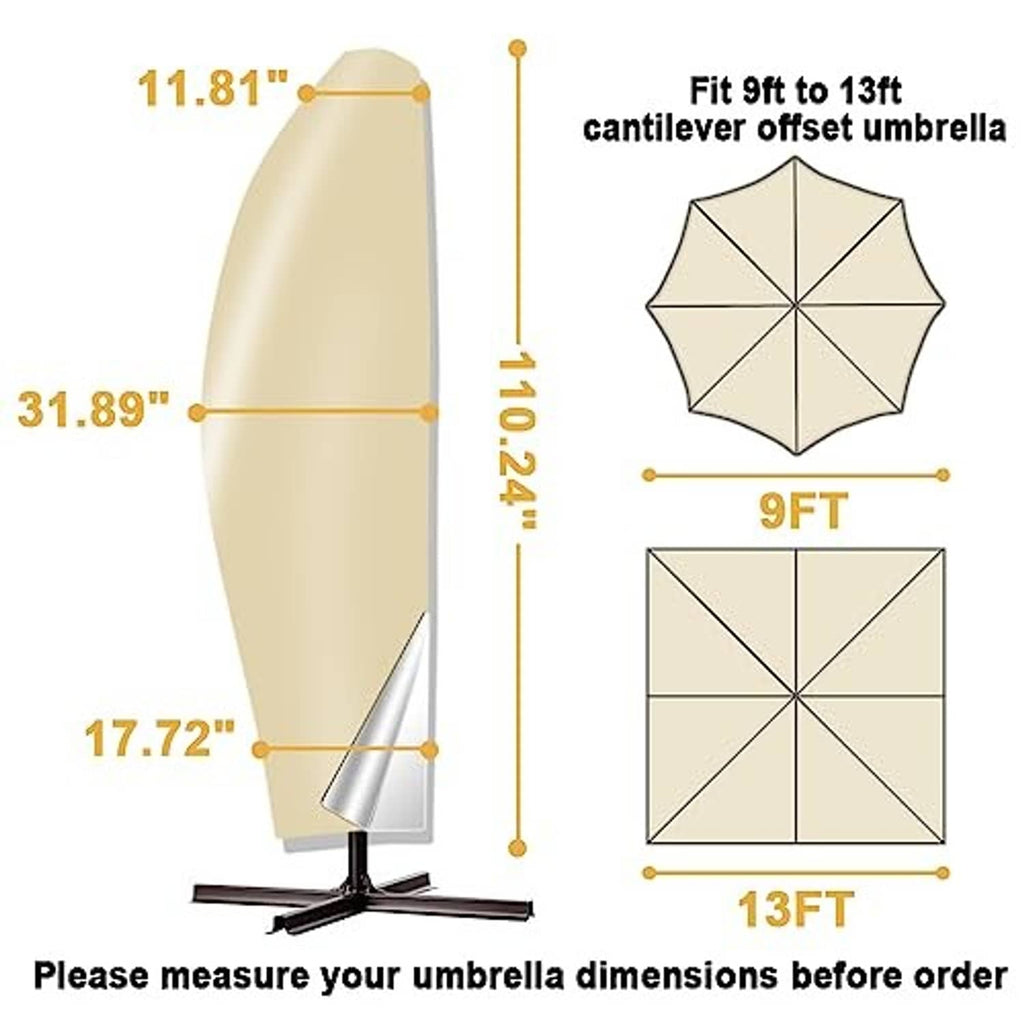 Beige cantilever umbrella cover with tapered top and grey vented carry flap.