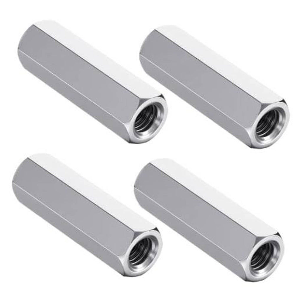 4-pack hex coupling nuts, silver metal, threaded ends, viewed close-up