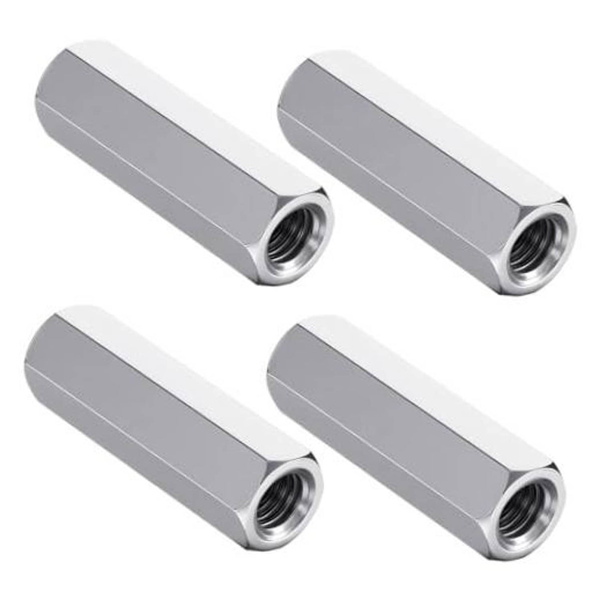 4-pack hex coupling nuts, silver metal, threaded ends, viewed close-up