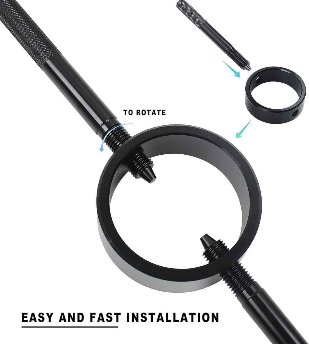 Fork spring compressor tool with black clamp ring and textured threaded handle for rotation