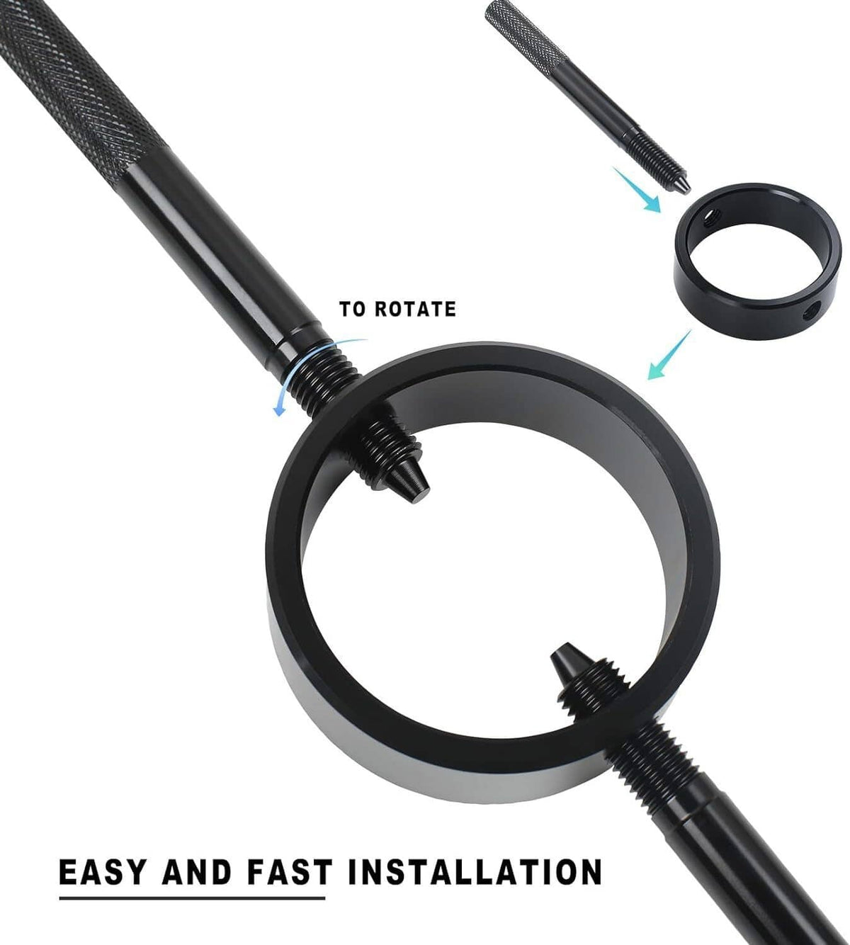 Fork spring compressor tool with black clamp ring and textured threaded handle for rotation