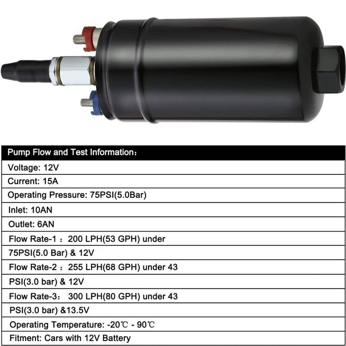 External inline electric fuel pump with black cylindrical housing and inlet/outlet connectors