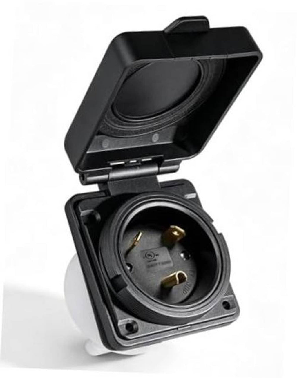 Flanged TT-30P RV power inlet plug with black cover open, showing round outlet.