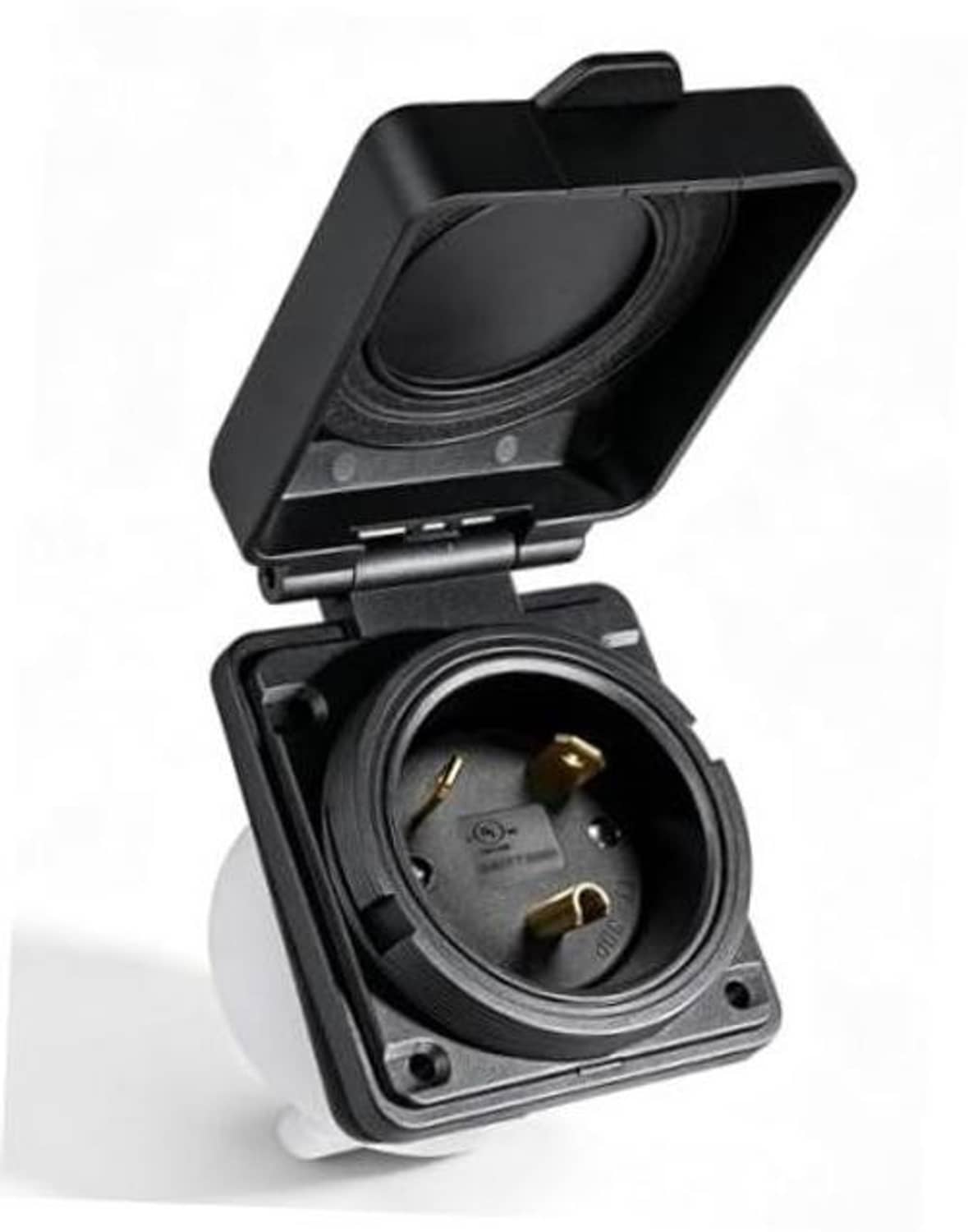 Flanged TT-30P RV power inlet plug with black cover open, showing round outlet.
