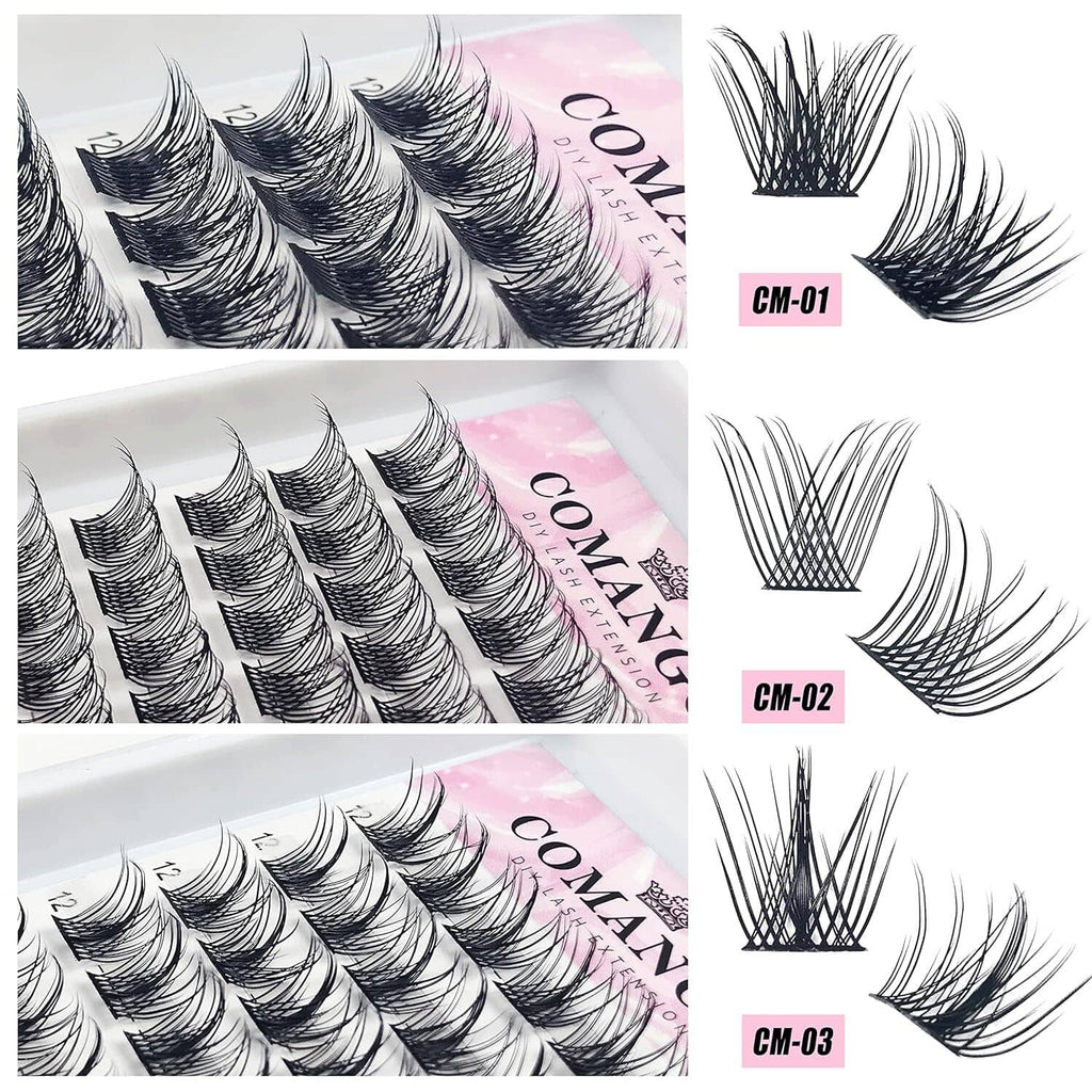 Reusable eyelash cluster sets with different fan styles, black lashes, D-curl curls