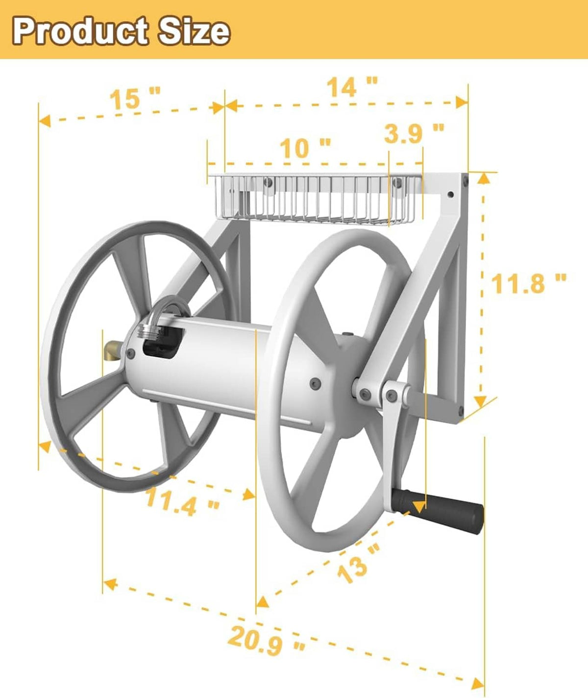 Wall-mounted triangle hose reel with gray/white frame and black outlet grip