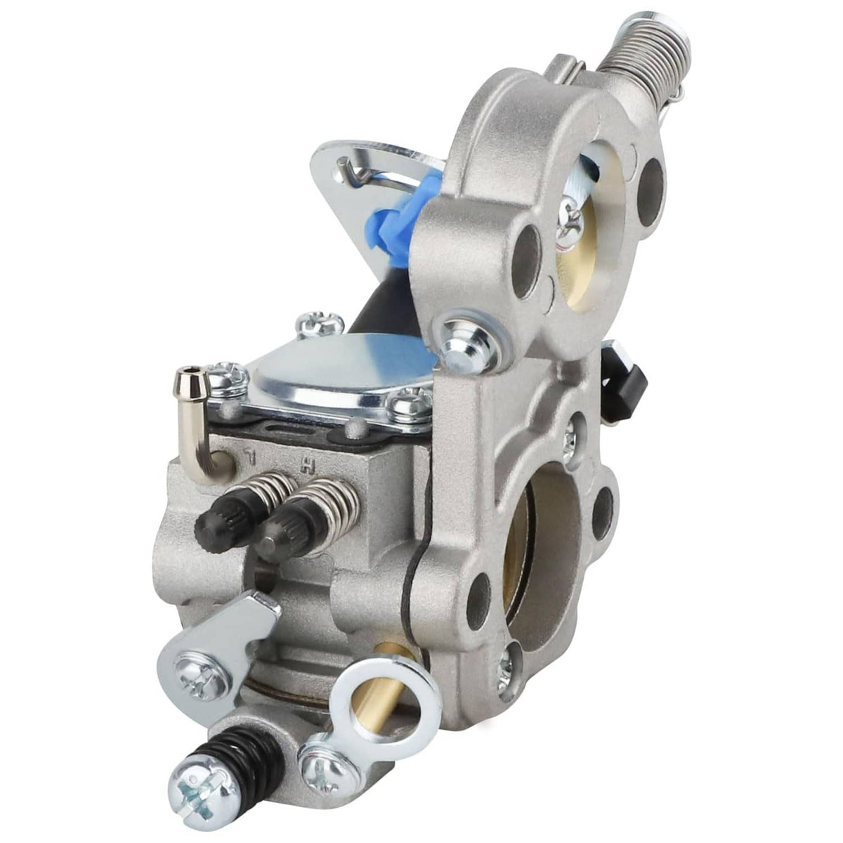 Grey carburetor body with chrome hardware and blue linkage lever, side view