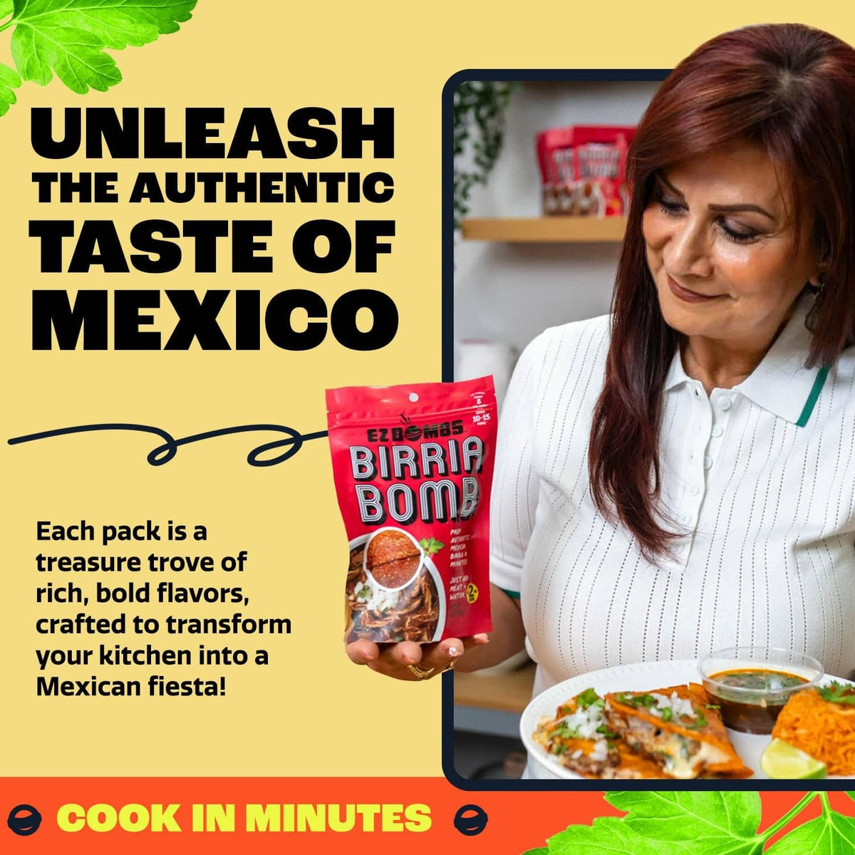 Birria Bomb seasoning pack held by person, red bag with round spice blend image