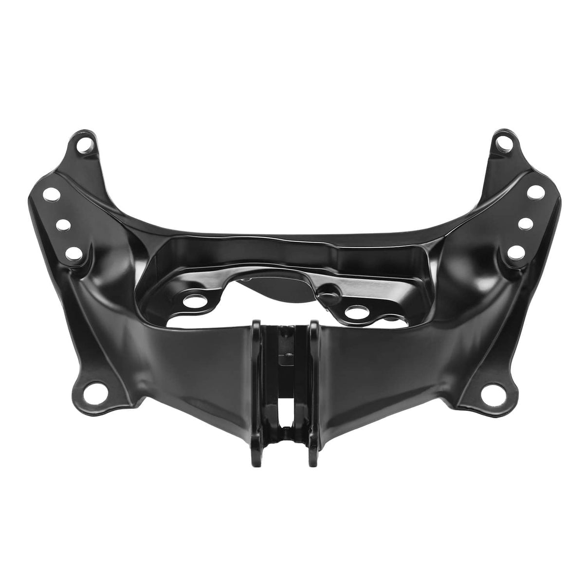 Black metal headlight bracket with side mounting tabs and bolt holes