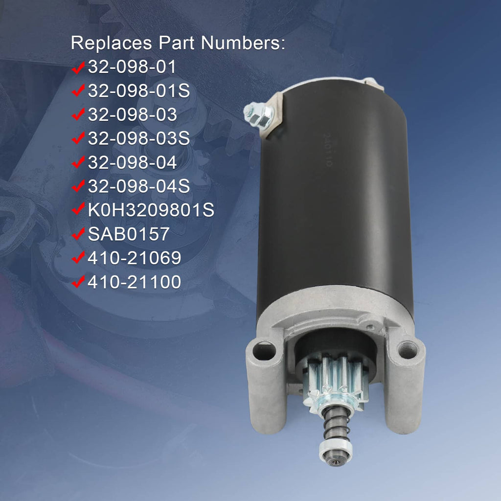 Electric starter motor showing black cylinder and silver mounting flange with bolts