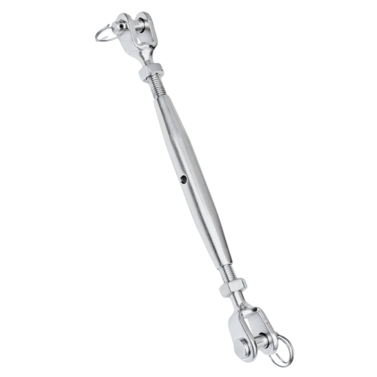 Stainless steel marine turnbuckle with closed jaw ends and top/bottom eye fittings