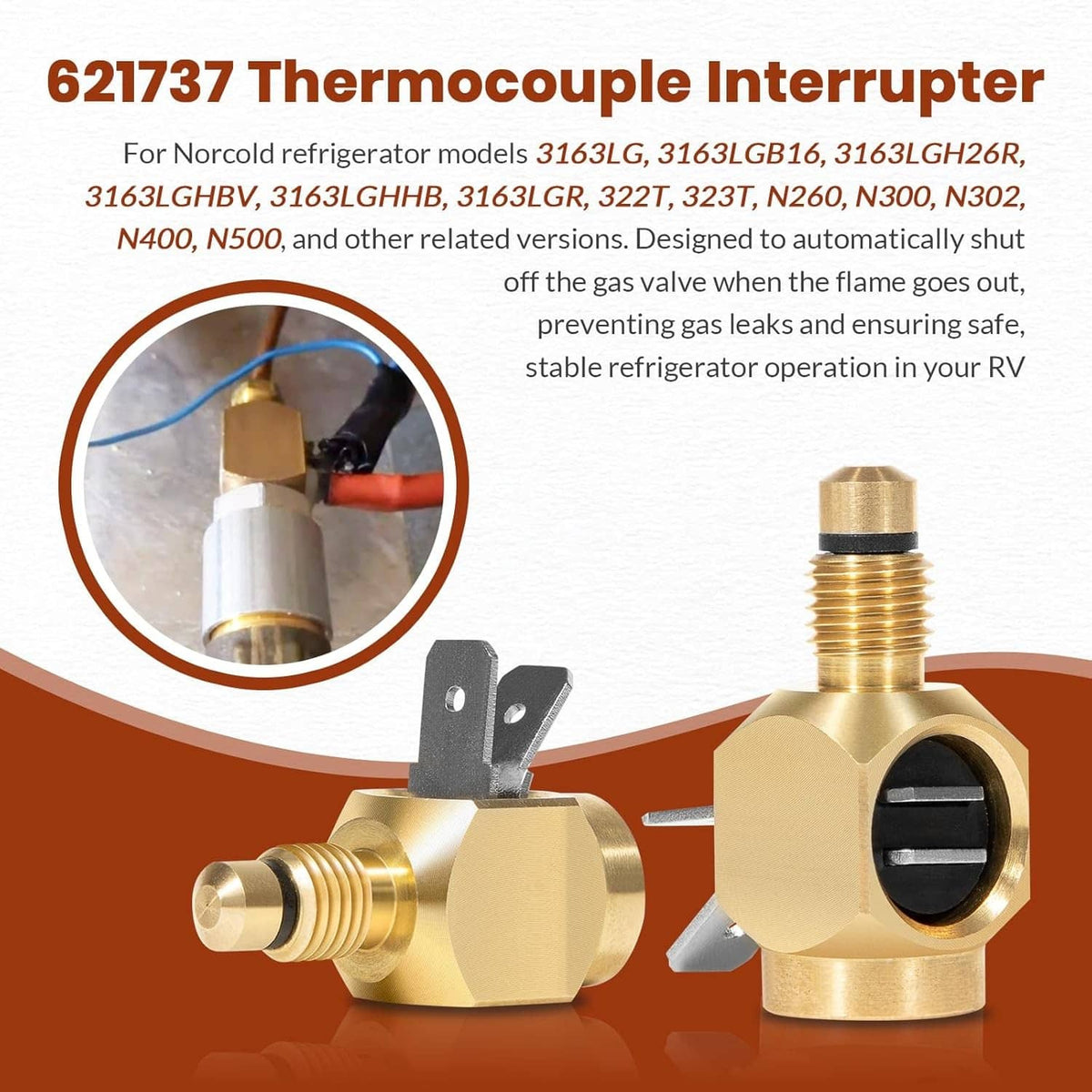 Brass thermocouple interrupter with black insulating insert and mounting bracket