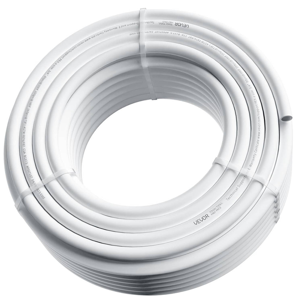 White PEX-A pipe coil close-up showing layered tubing rings and printed lines