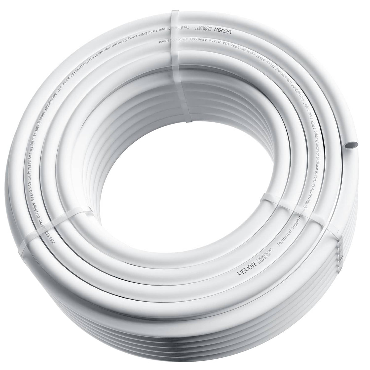 White PEX-A pipe coil close-up showing layered tubing rings and printed lines