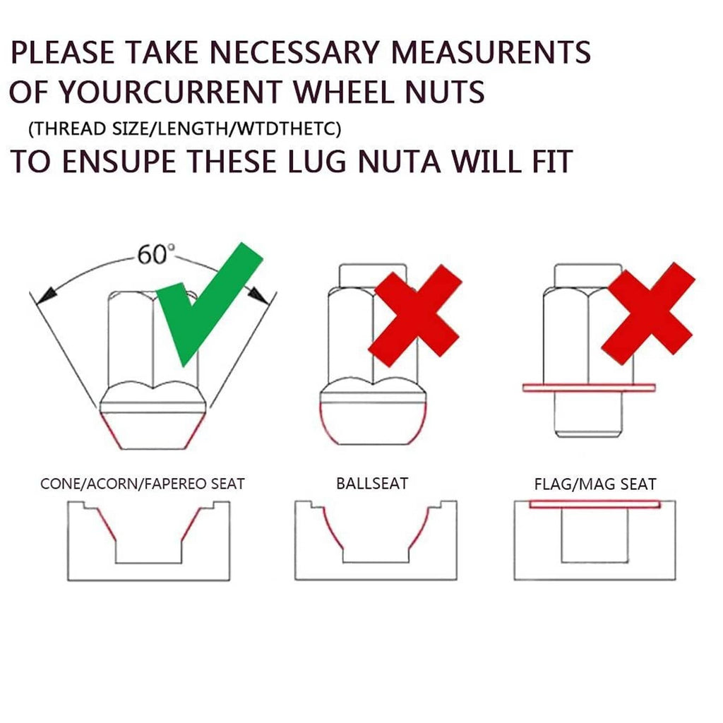 Wheel lug nut fitment diagram for cone, ball, and flag/mag wheel seat types