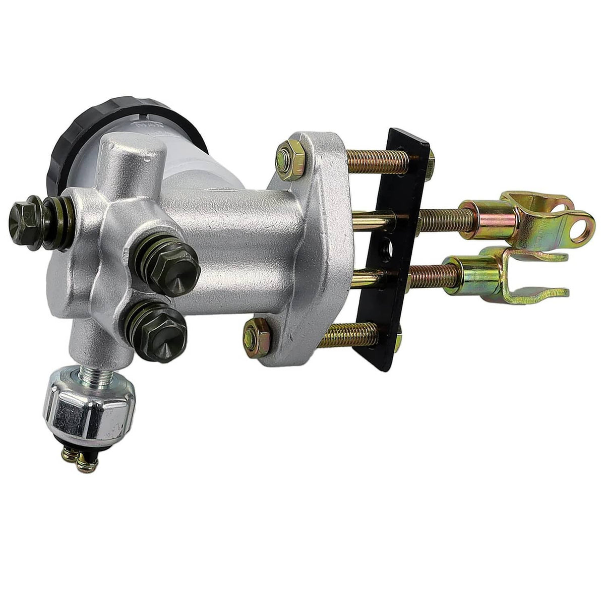 Hydraulic brake master cylinder with silver body, two outlet ports, and gold support clips