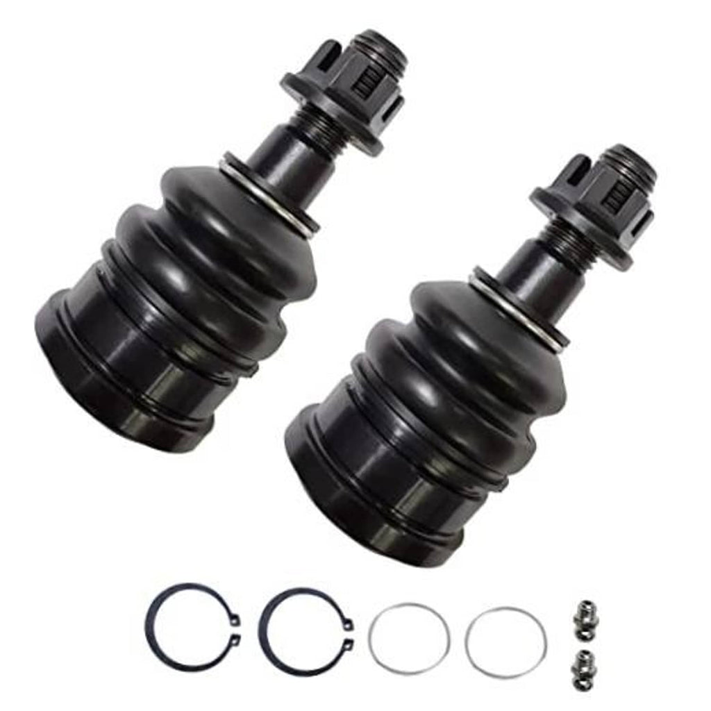 Pair of front upper ball joints with black boots, seals, and retainer rings