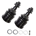 Pair of front upper ball joints with black boots, seals, and retainer rings