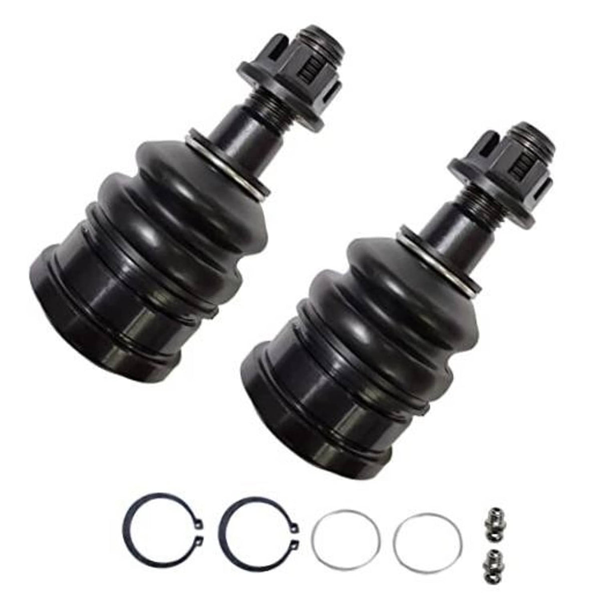 Pair of front upper ball joints with black boots, seals, and retainer rings