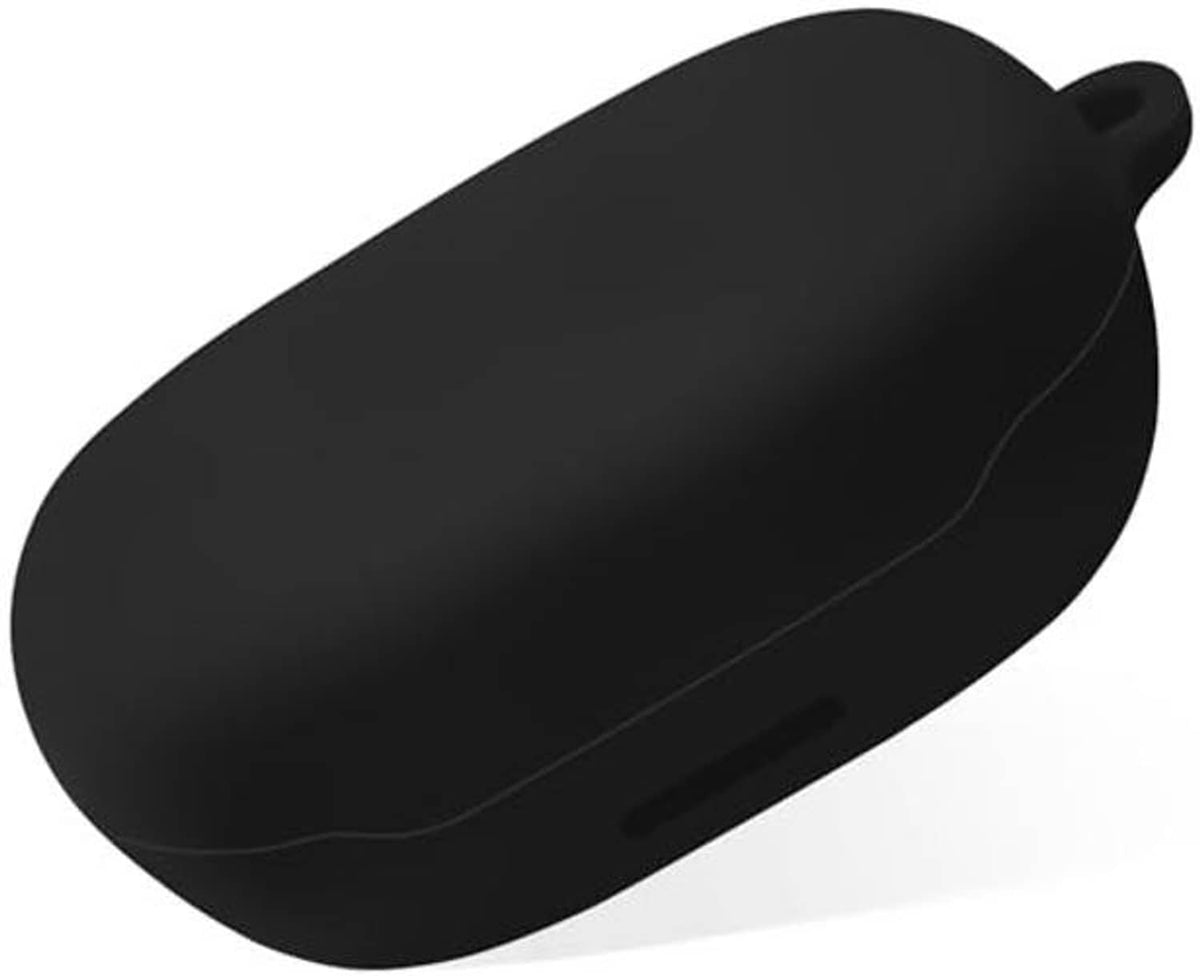 Black silicone earbuds case, smooth oval shape with side opening detail