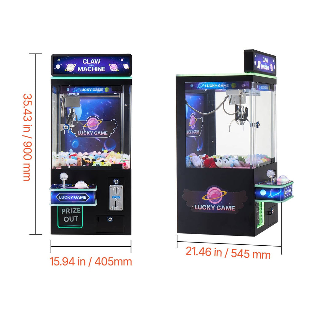 Claw crane machine size diagram with height and width measurements in inches