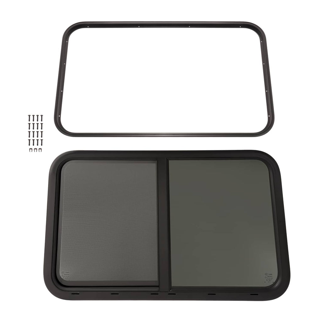 Dark RV window horizontal slider frame, open with gray screen panels and small hardware