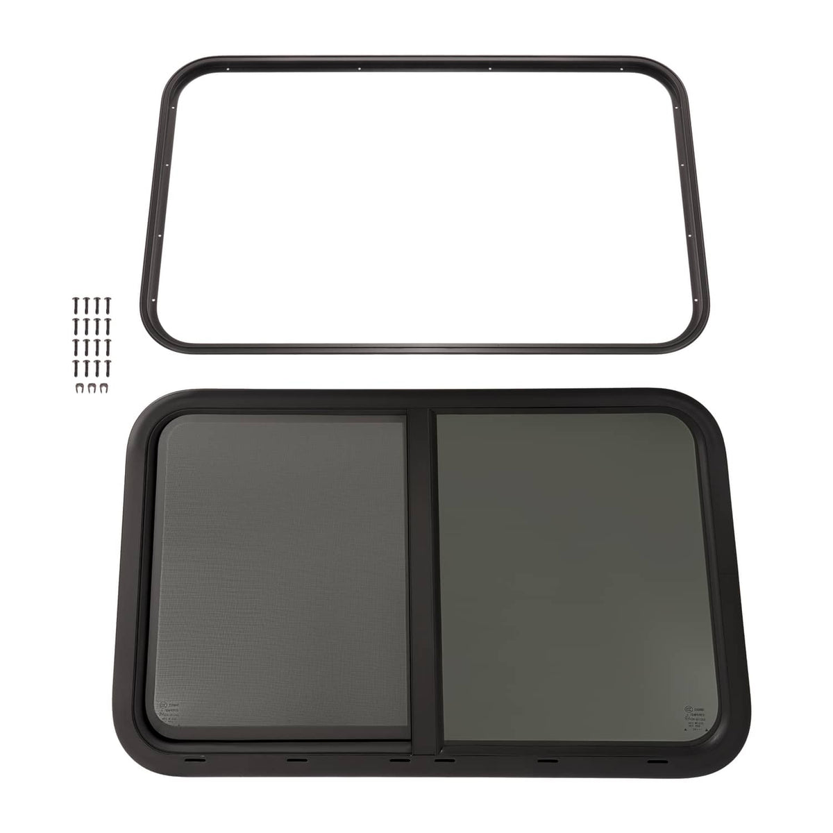 Dark RV window horizontal slider frame, open with gray screen panels and small hardware
