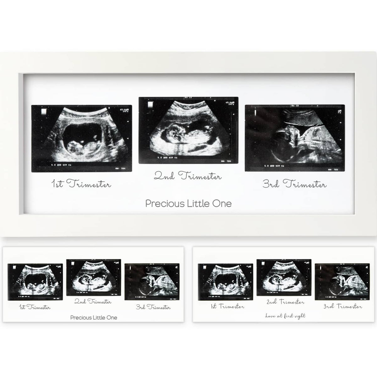 White ultrasound picture frame with three sonogram cut-outs for first, second, third trimester