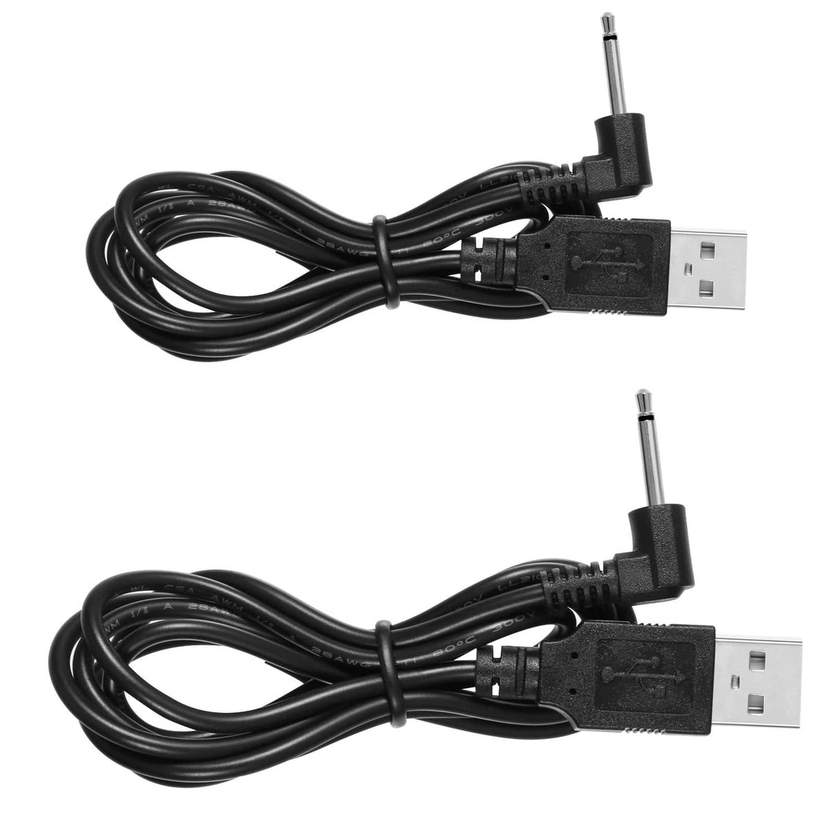 Dual USB-A to DC barrel charger cables, two black cords with plugs