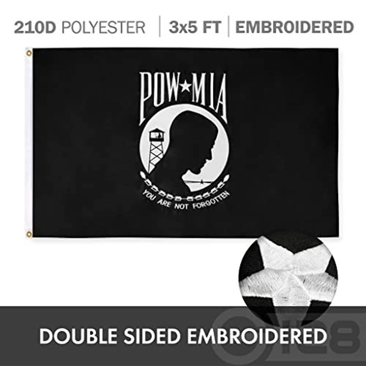 Black POW-MIA embroidered flag with POW portrait circle and white star, brass grommets