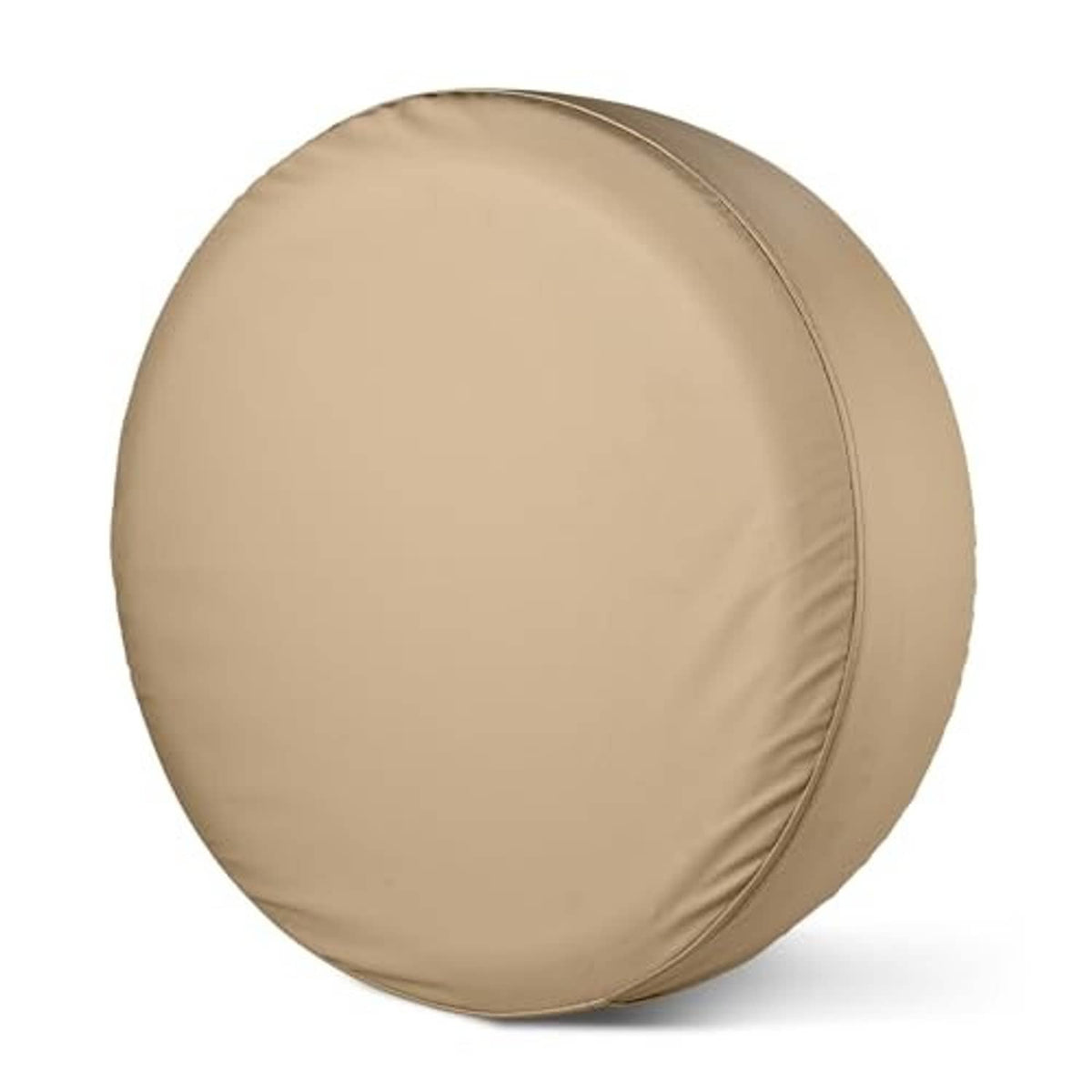Beige round spare tire cover with side seam and fitted exterior surface.