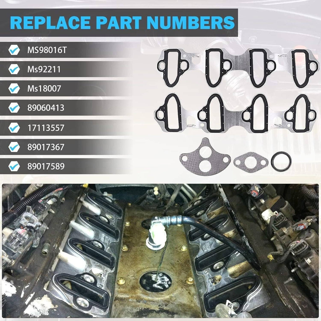 Intake manifold gasket set with multiple gaskets, small metal plates, and O-ring