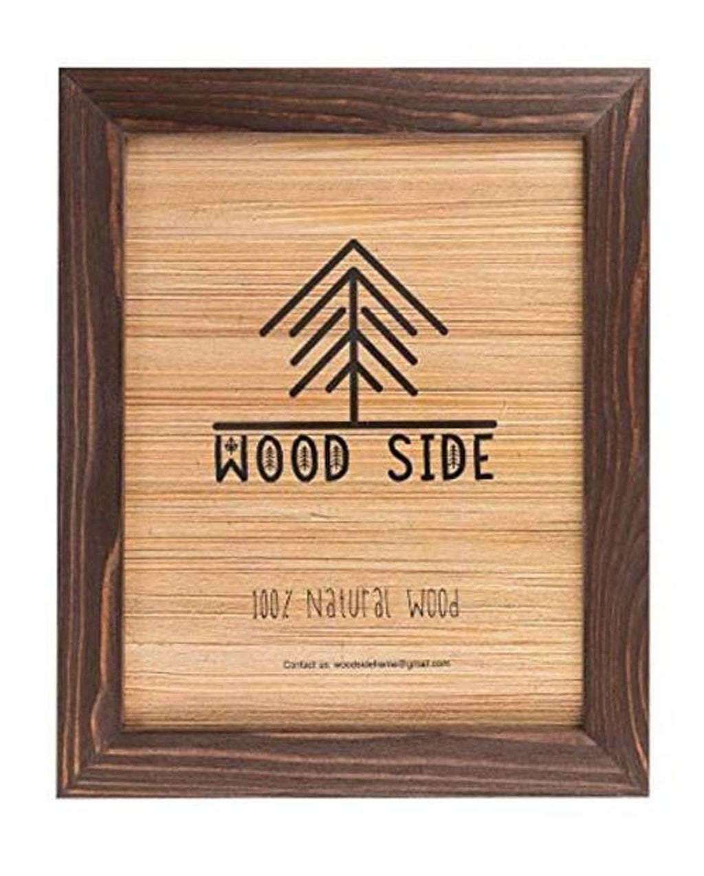 Wood poster frame with tree emblem and WOOD SIDE design, dark brown finish