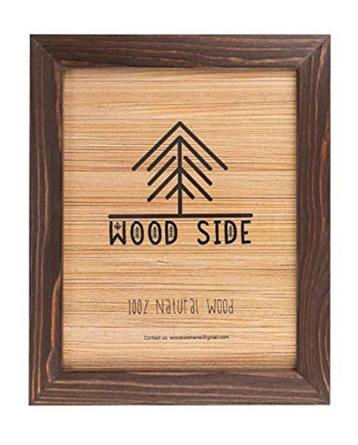 Wood poster frame with tree emblem and WOOD SIDE design, dark brown finish