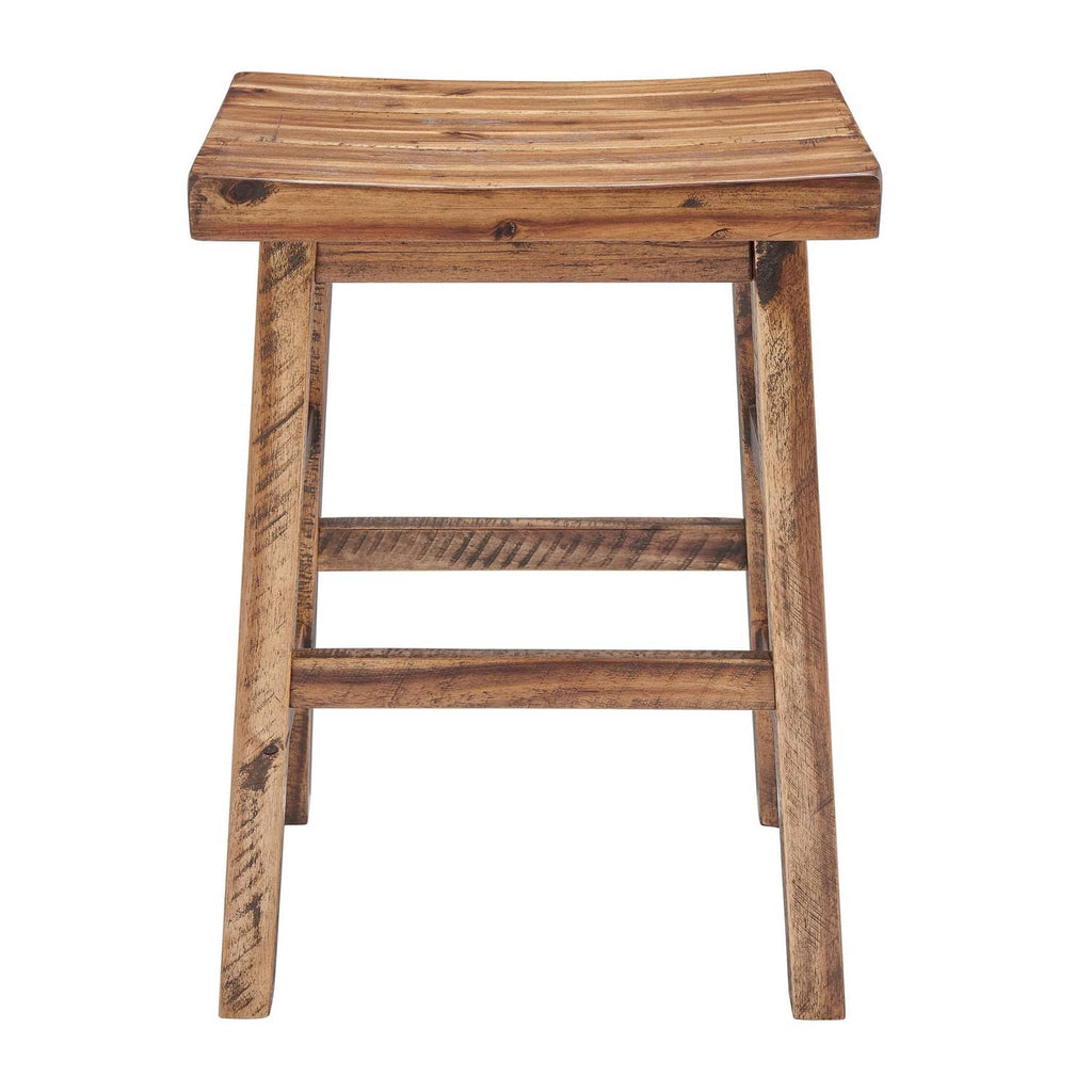 Natural wood counter-height bar stool frame with saddle seat and lower shelf