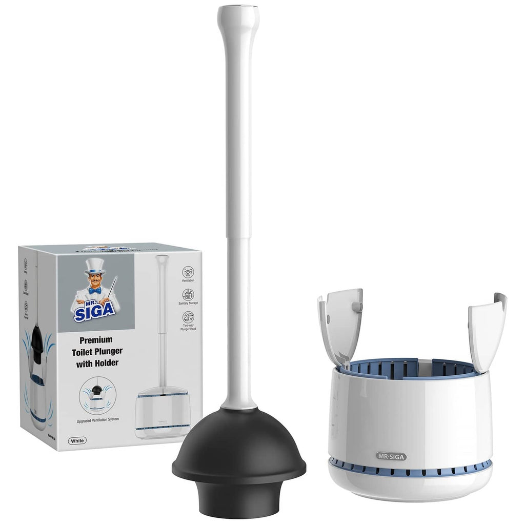 White toilet plunger with black rubber cup and matching white holder