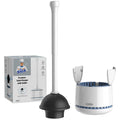 White toilet plunger with black rubber cup and matching white holder