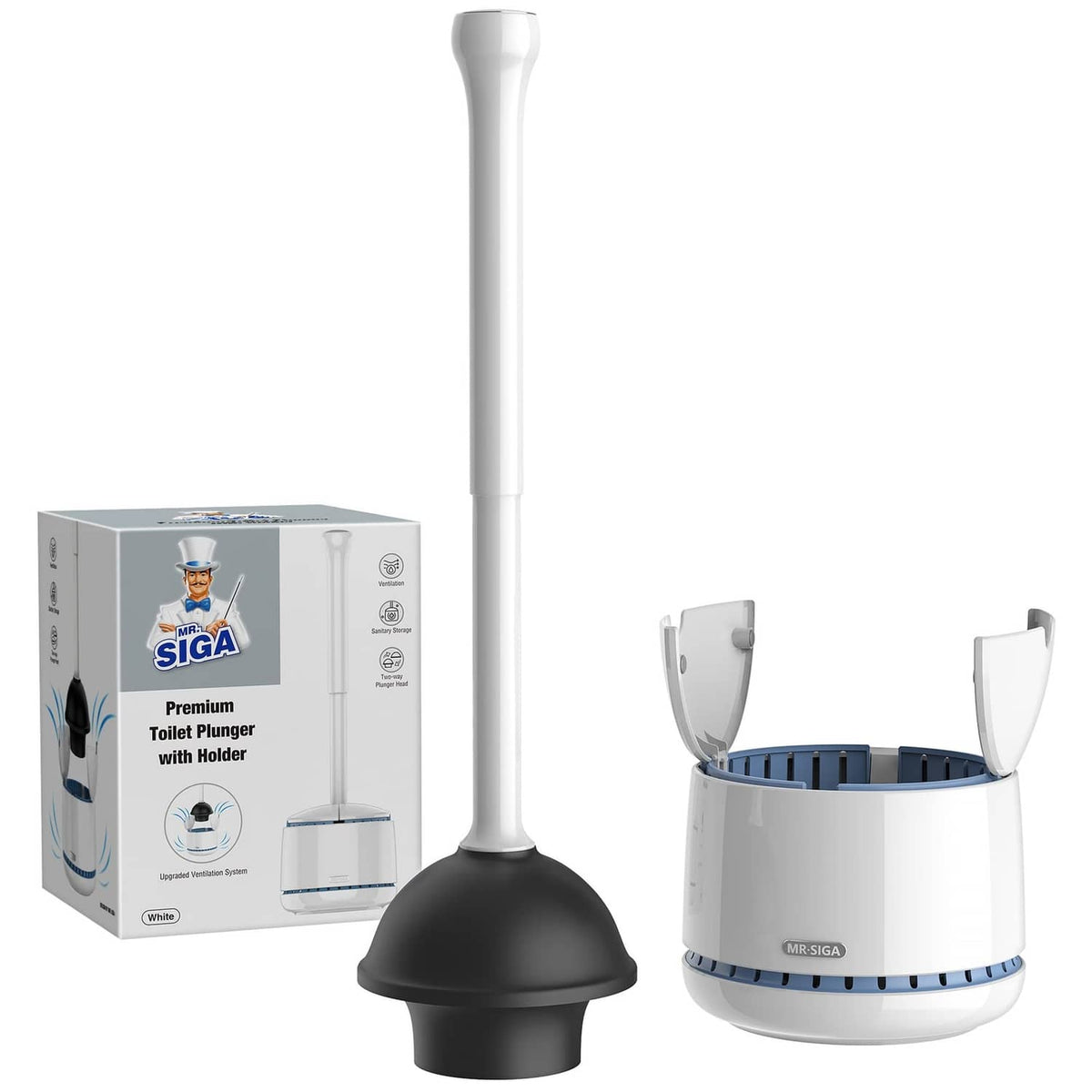 White toilet plunger with black rubber cup and matching white holder