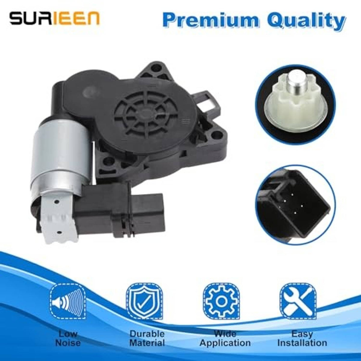 Power window lift motor with black circular cover and silver cylinder, close-up