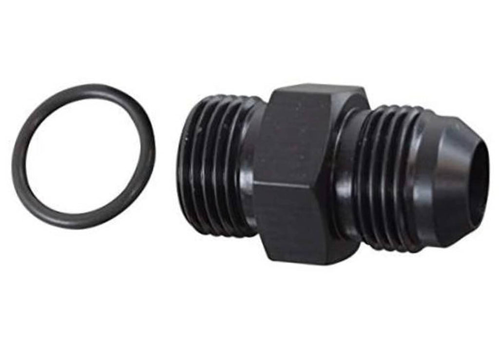 AN flare to 10 ORB male fuel pump rail adapter fitting with O-ring, black