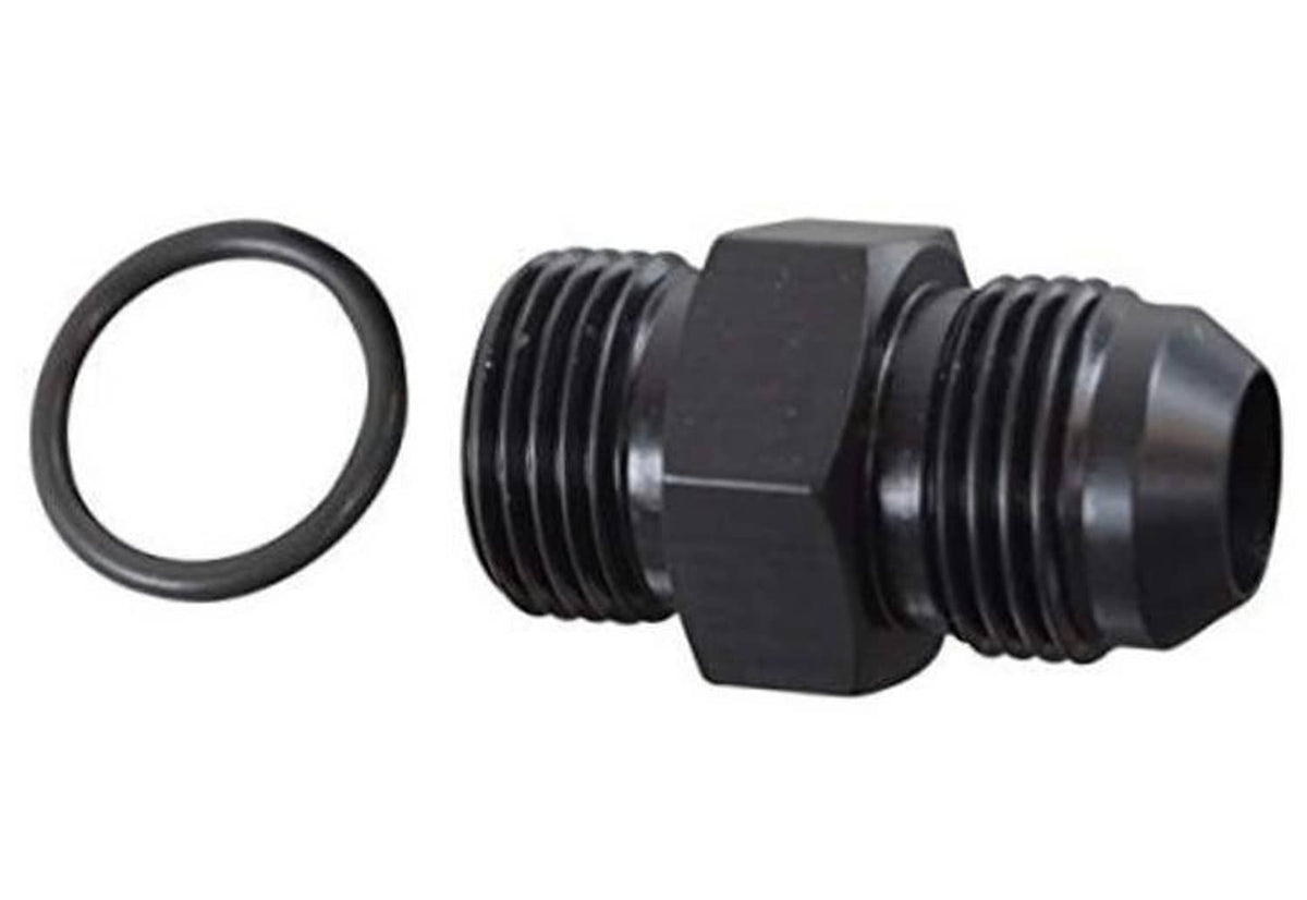 AN flare to 10 ORB male fuel pump rail adapter fitting with O-ring, black