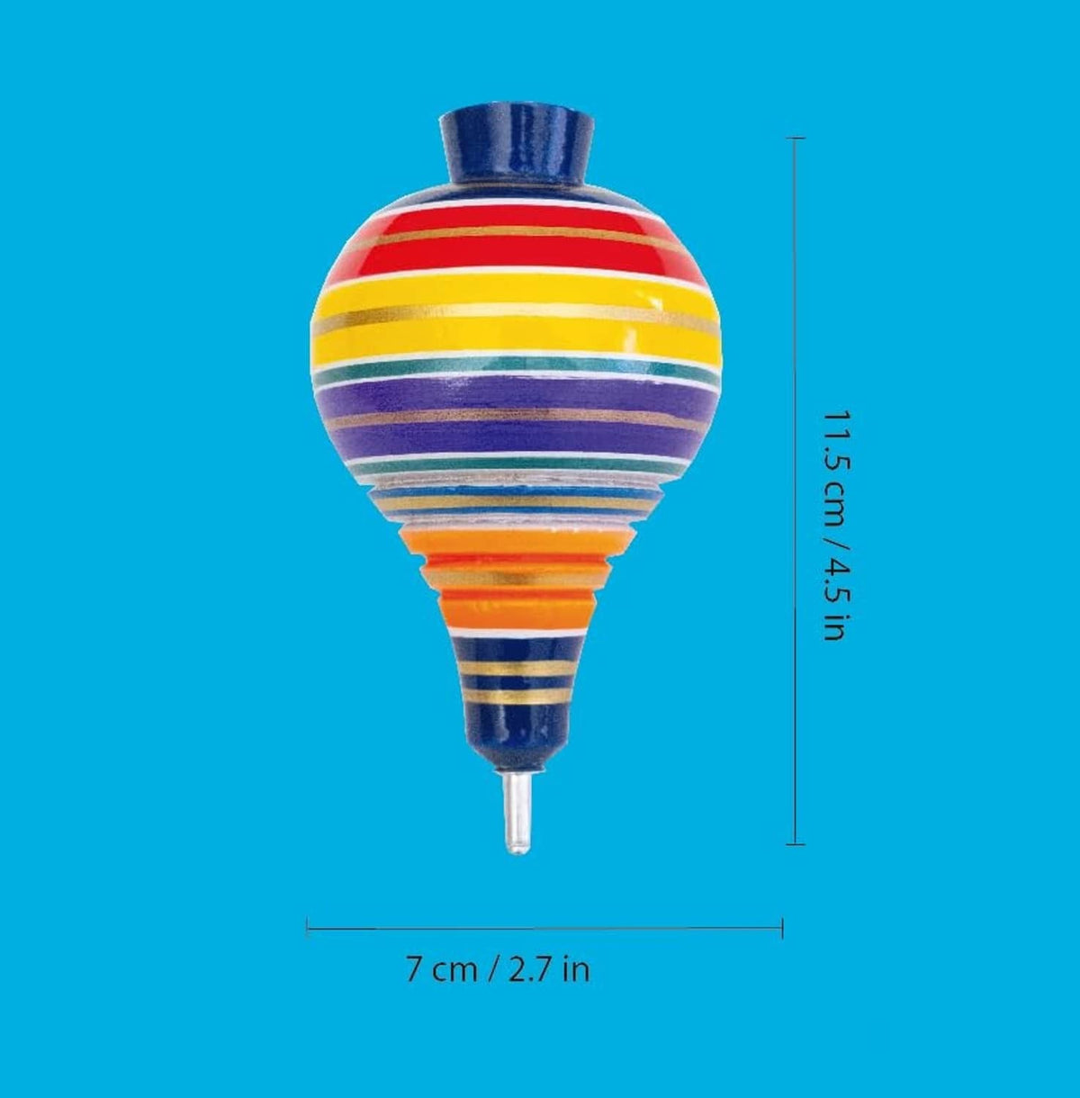 Multicolor striped wooden spinning top with blue cap and metal tip