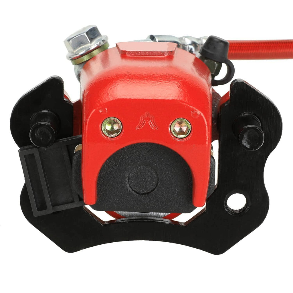Close-up of red rear brake master cylinder caliper assembly with black brackets