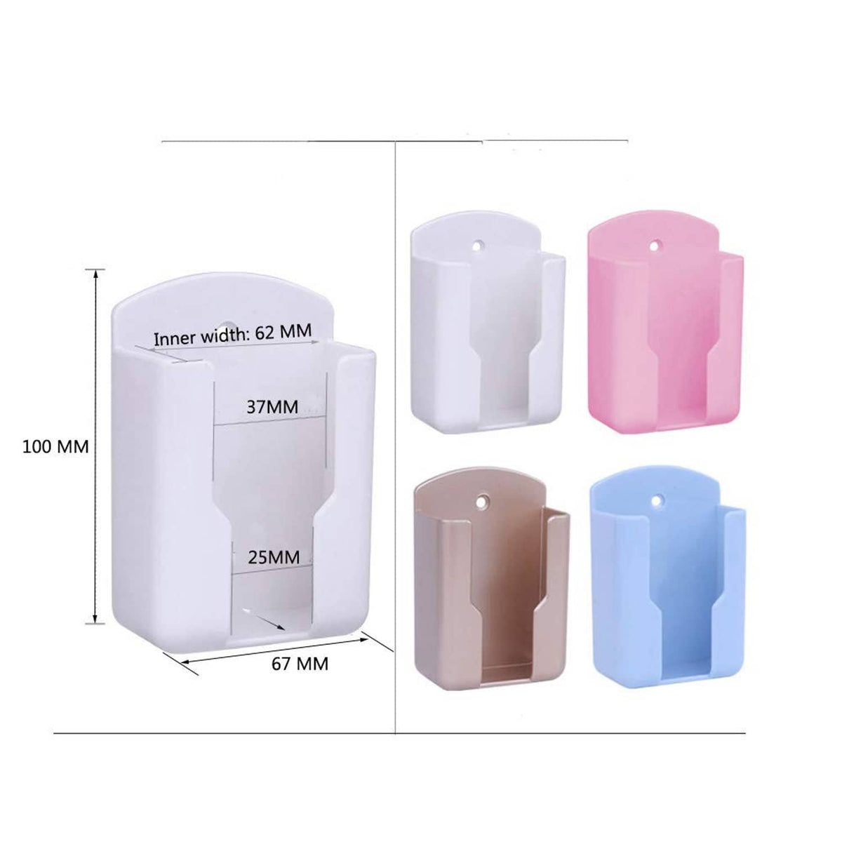 Self-adhesive remote holders, size chart; white, pink, brown, and blue options shown