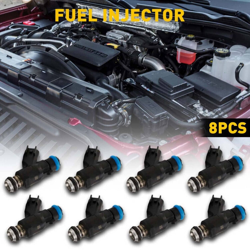 Eight black fuel injectors with blue O-rings and metal nozzle tips