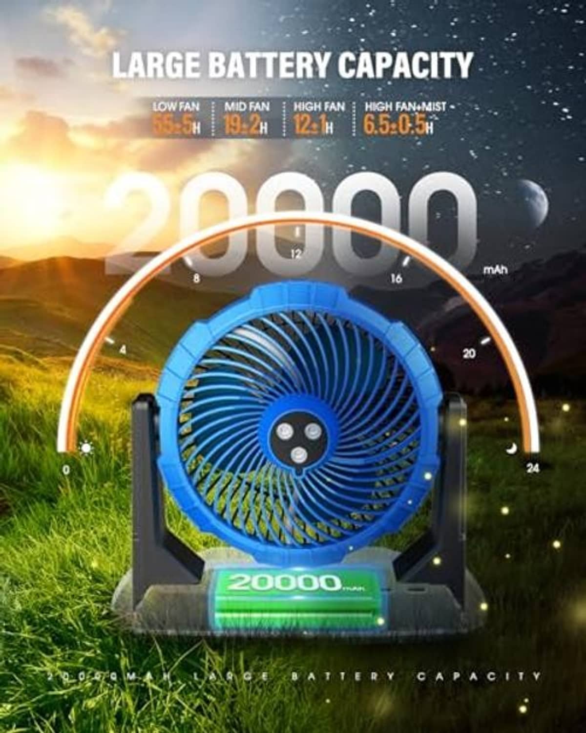 Portable misting fan with blue fan head and black base, 20000mAh battery display