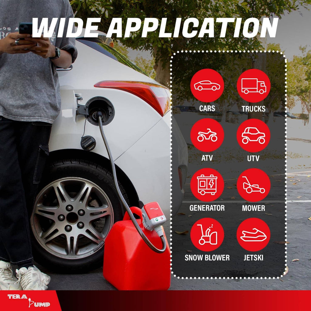 Red fuel transfer pump dispensing into a car fuel port with hose