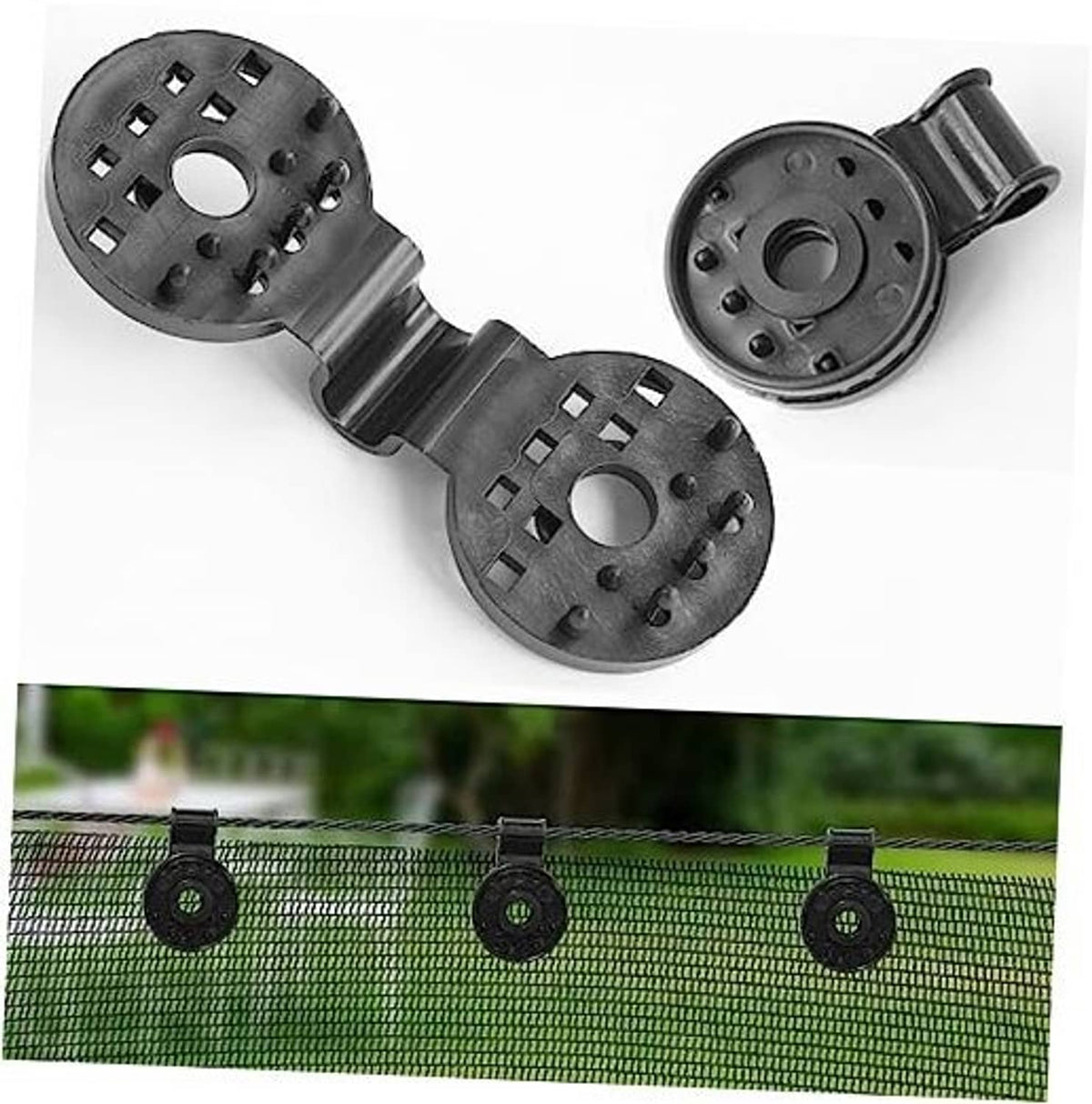 Black round plastic shade cloth clips with bar connectors and screw holes