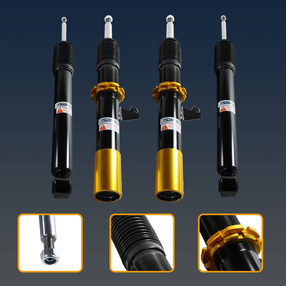 Four coilover struts with black springs and gold adjustment collars, with brackets
